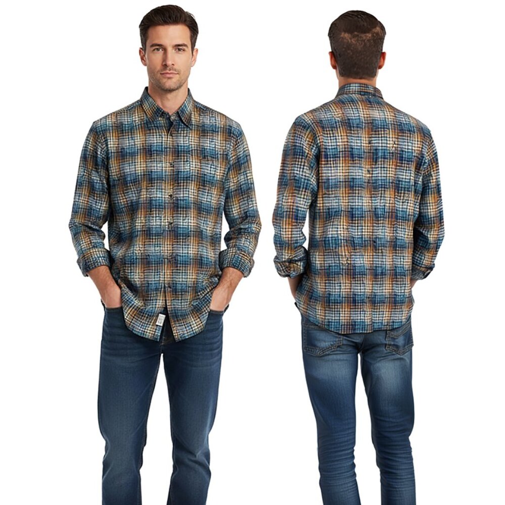 Jhane Barnes Long sleved button down pocket shirt, multi-color pattern, Large.